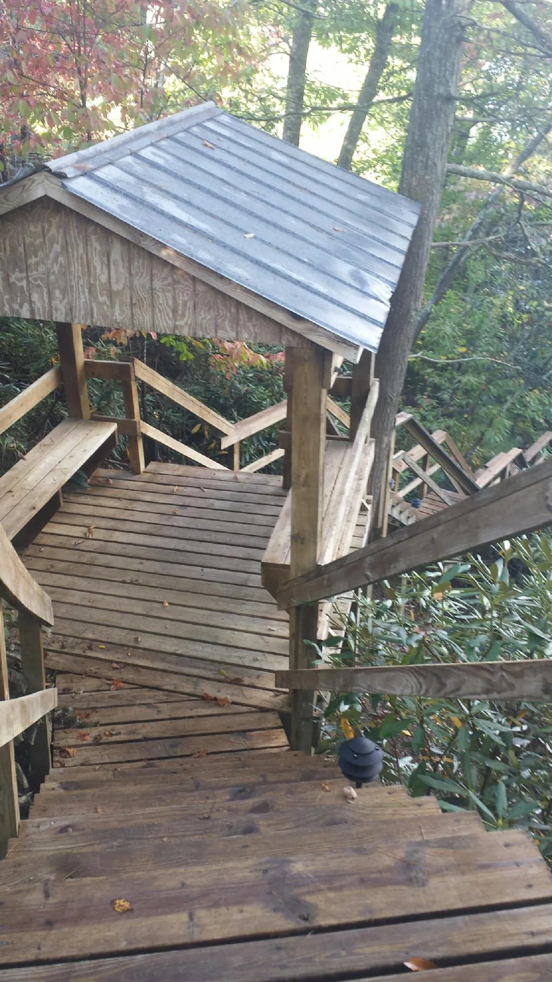 Metal roofed shelter over wooden steps on a wooded walkway — Skylight Repair & Installation work by our crew in Meigs